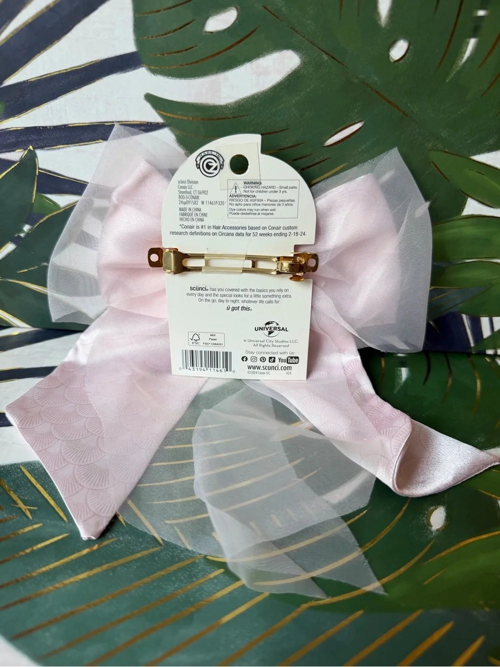 Scünci Wicked Glinda Pink Satin Tulle Bow Barrette Hair Clip NWT